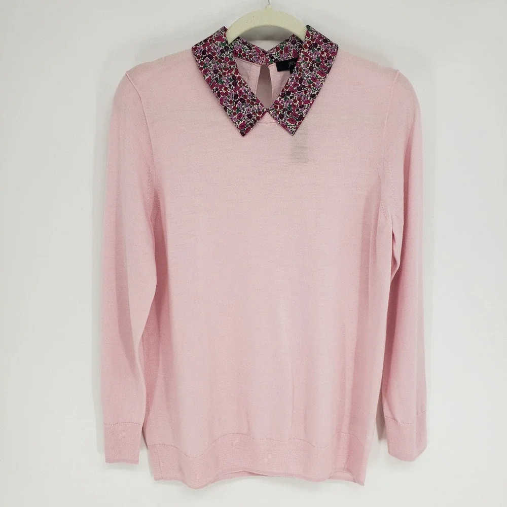 J Crew Tippi Liberty Floral Collar Merino Wool Sweater Women M Pink Long Sleeve